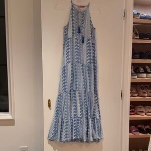Oliphant Blue and White Printed Halter Maxi Dress